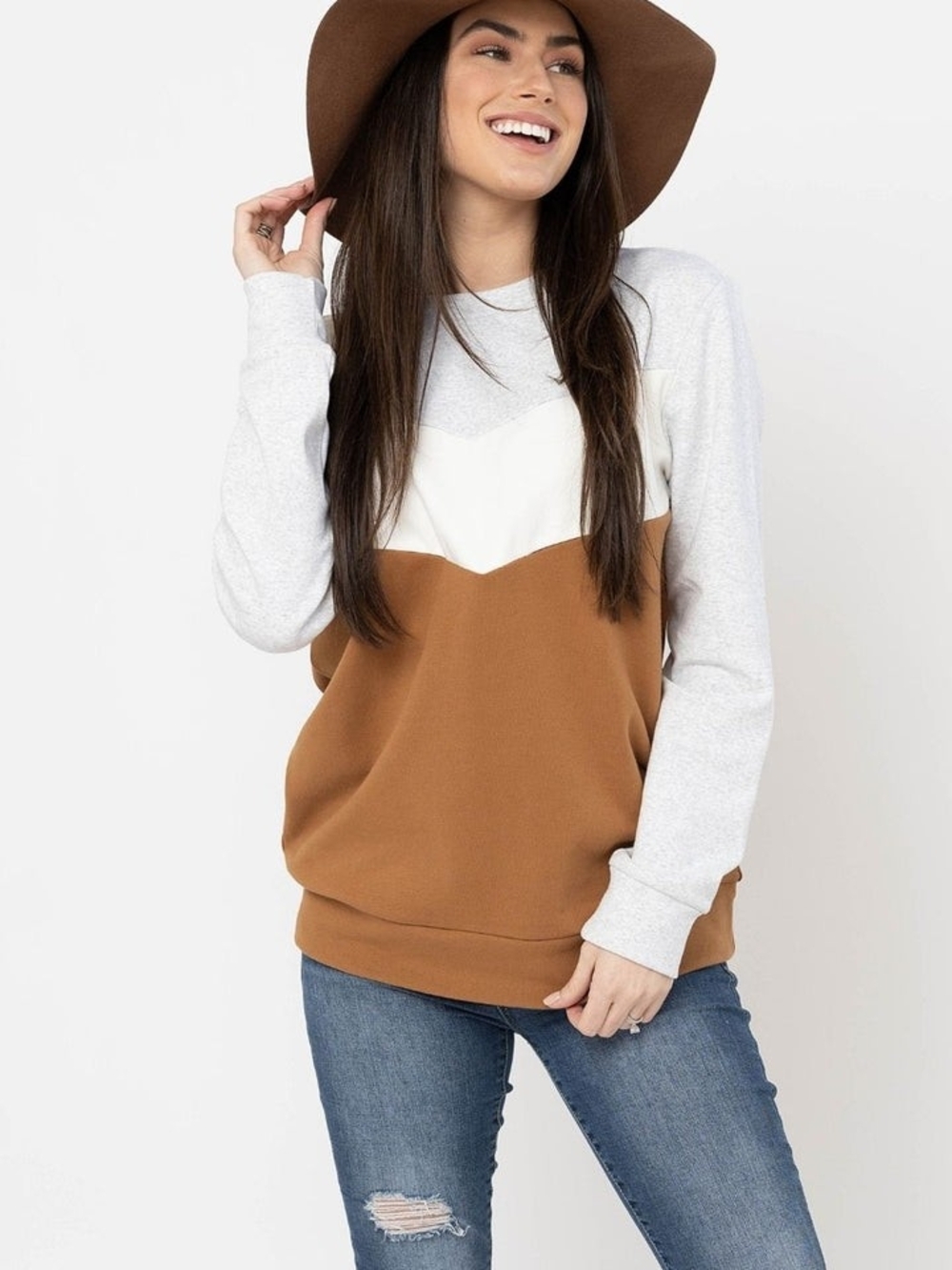 Nursing Queen Cotton Colorblock Crewneck Zip Nursing Sweater in White, Tan, Gray
